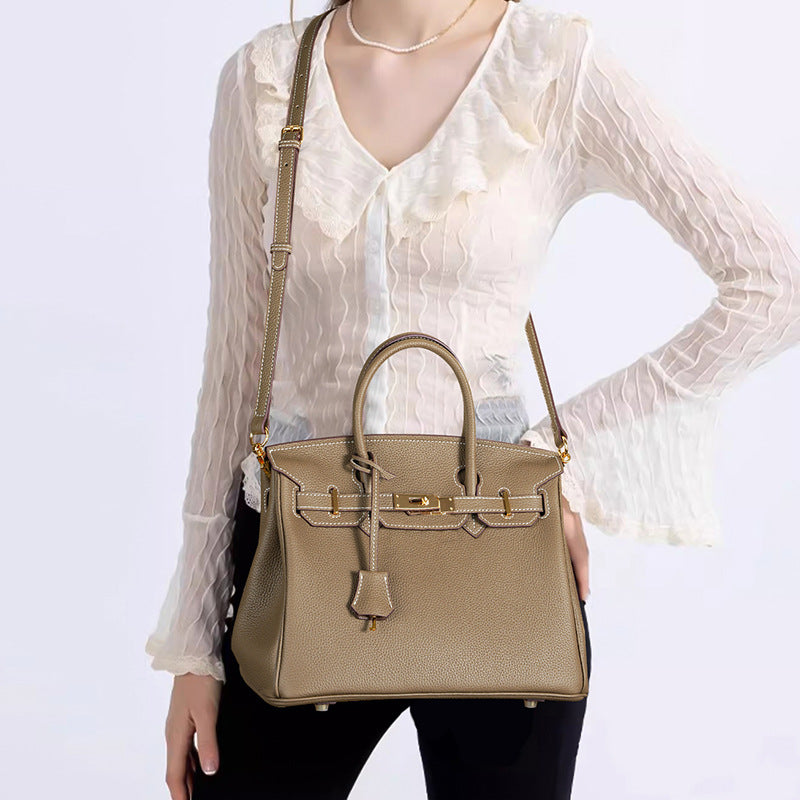 Premium Top-Layer Cowhide Leather Birkin-Inspired Tote Bag for Women, Waxed Thread Stitching with Pebbled Texture, Spacious Commuter Top-Handle Handbag for Work & Everyday Use