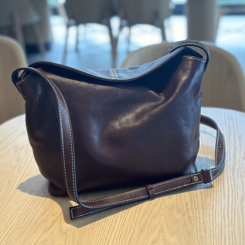 Genuine Vegetable-Tanned Cowhide Bag for Women, New Summer Minimalist Crossbody Purse, Vintage Large Capacity Commute Shoulder Handbag for Ladies