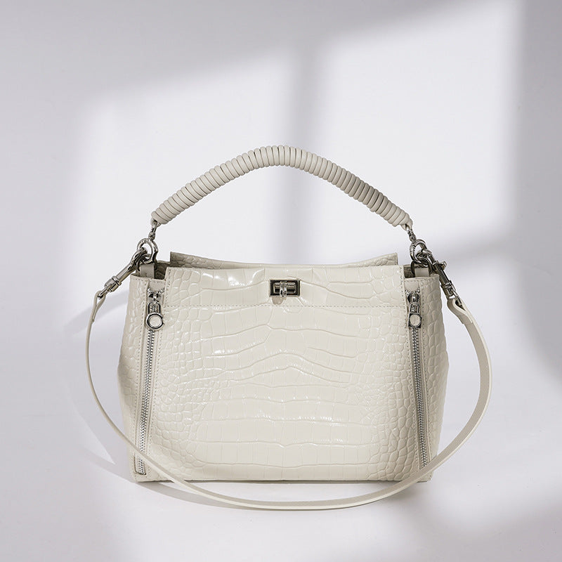 New Arrival Croc-Effect Genuine Leather Bucket Bag for Women, A Minimalist Light Luxury Top-Handle Shoulder Handbag with Large Capacity & Versatile Everyday Design