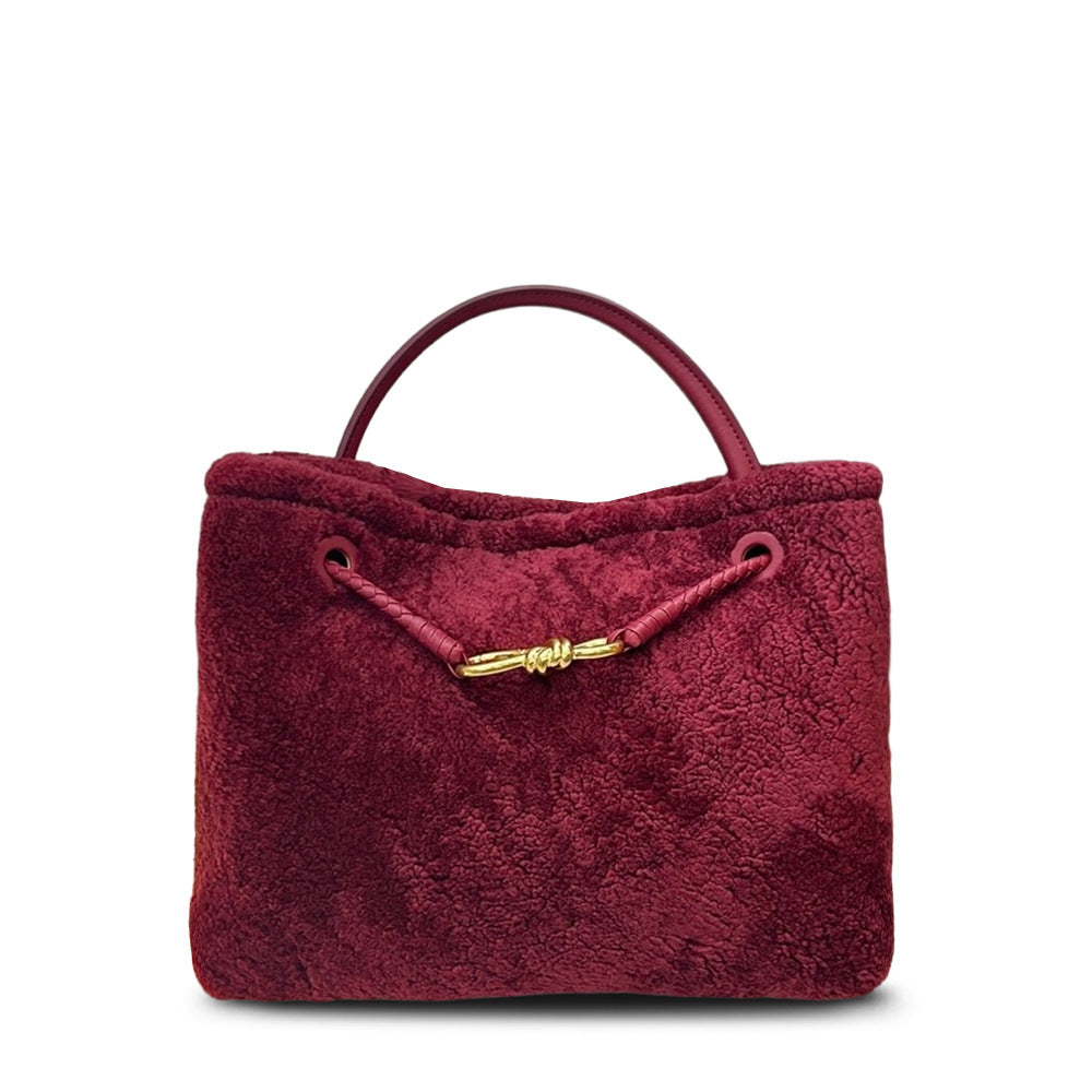 New Fall/Winter Lamb Wool Woven Tote with Metal Buckle, Vintage Large Commuter Shoulder & Crossbody Bag for Women