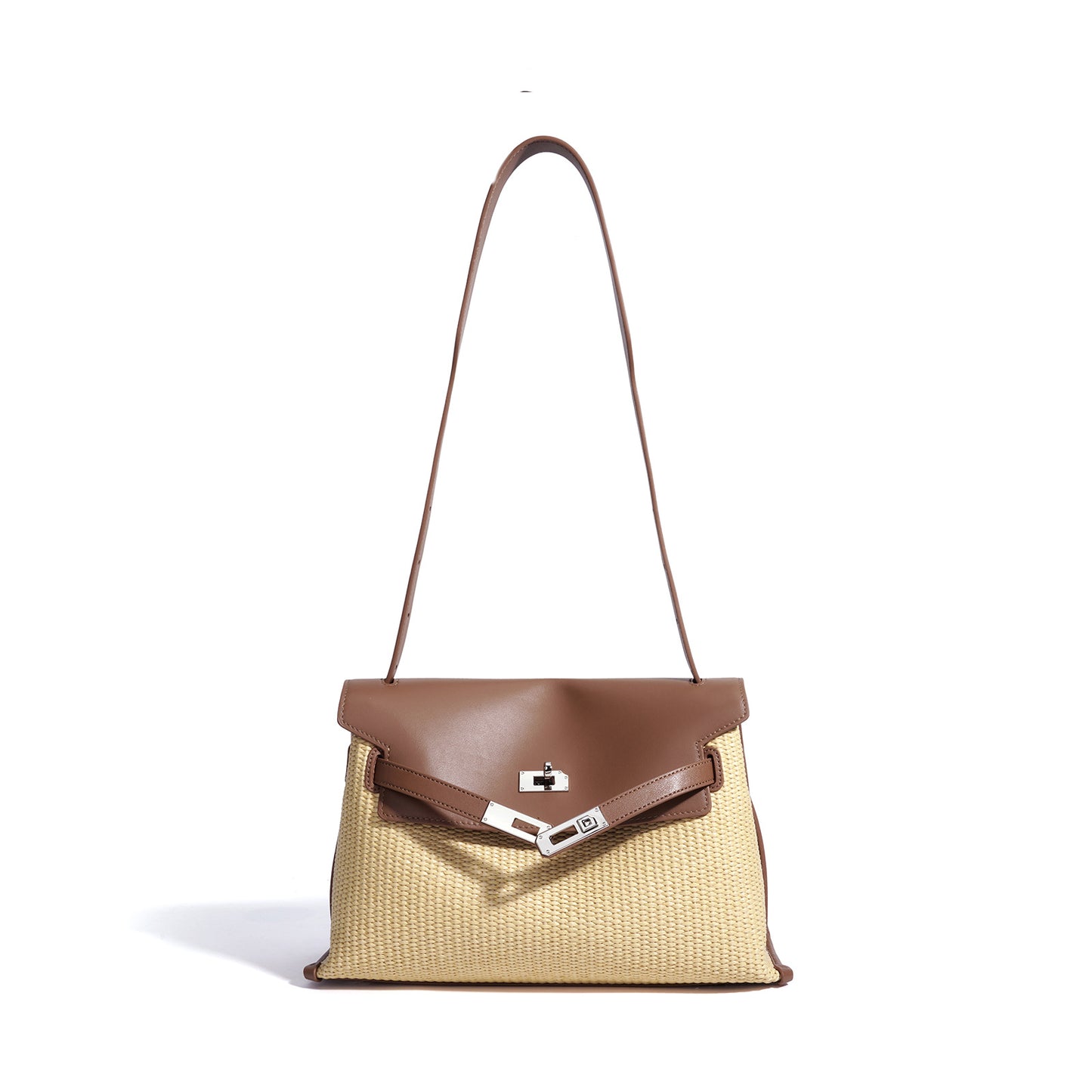 Straw Woven Kelly-Style Briefcase in Genuine Leather, Minimalist Large Capacity Shoulder Crossbody Bag, Versatile Commute Purse for Women