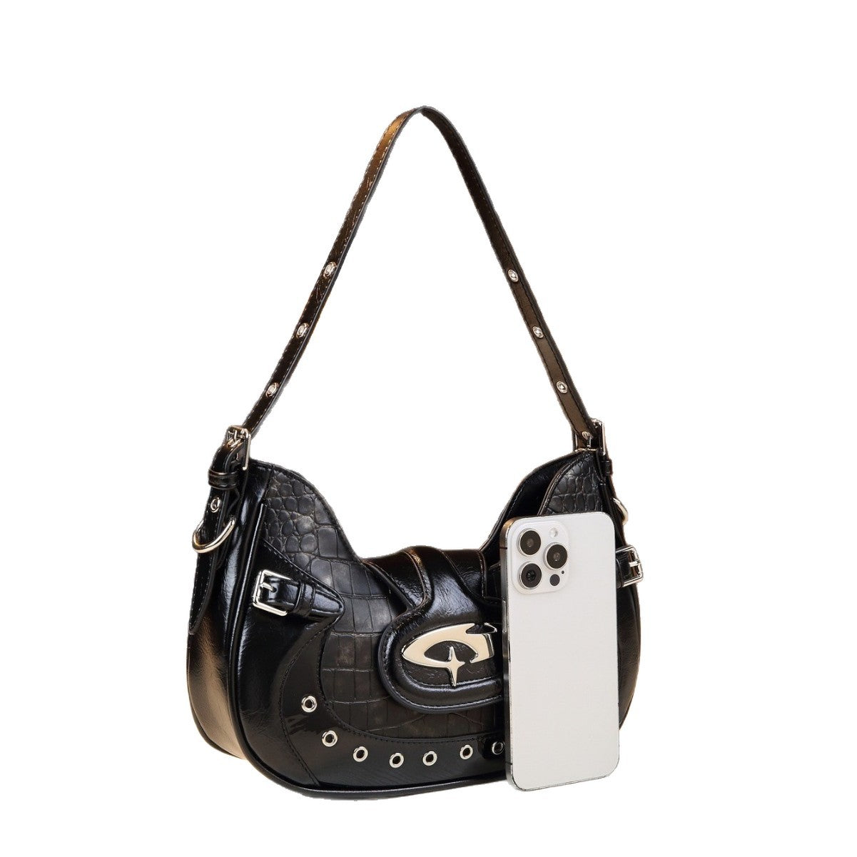 Chic Croc-Effect Biker Crescent Bag for Women, A Trendy Top-Handle Shoulder Crossbody Underarm Purse with Unique Edgy Design, Perfect for Everyday Style
