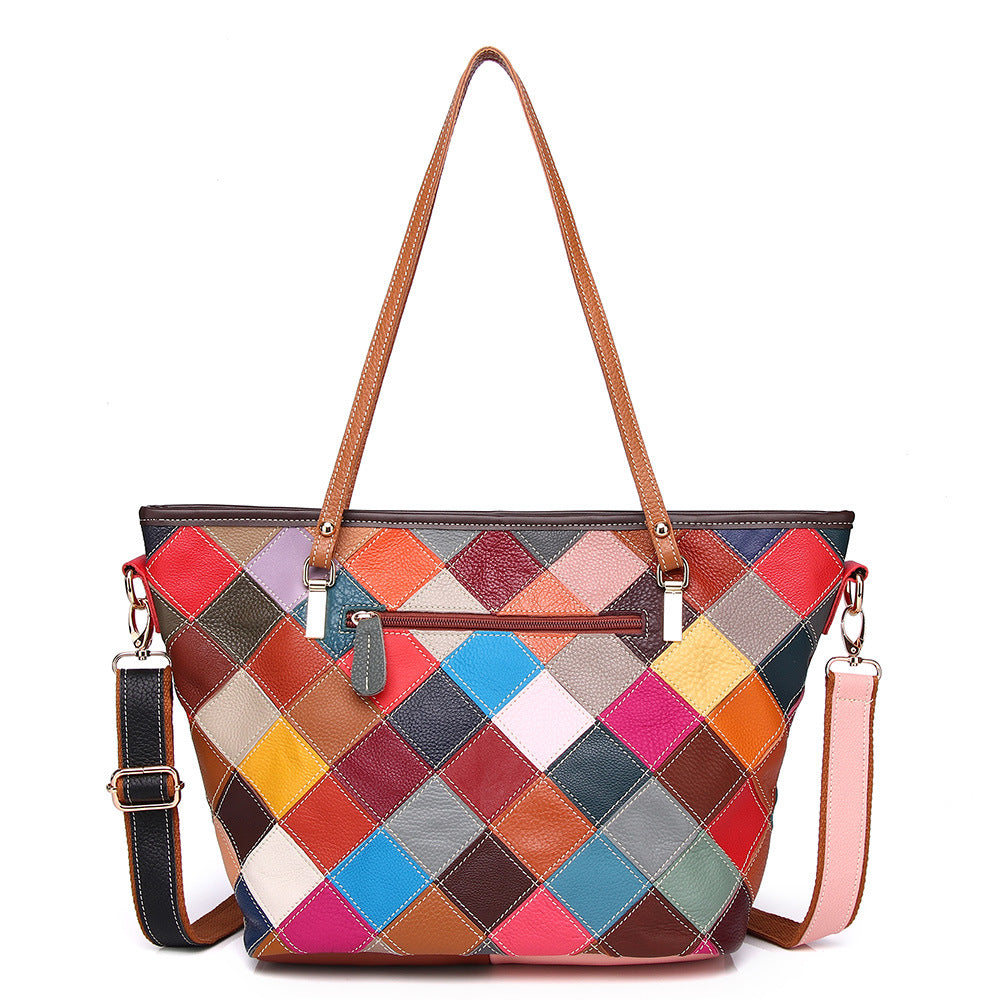 Genuine Top Layer Cowhide Colorful Plaid Color Block Handbag for Women, New Shoulder Crossbody Purse, Trendy Everyday Bag for Ladies