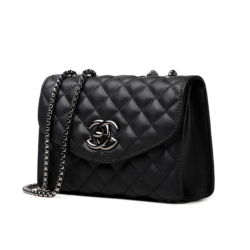 Women's Genuine Leather Quilted Chain Cross-Body Bag, Light Luxury Small Square Shoulder Purse with High-End Sophisticated Style, Trendy Everyday Handbag for Women