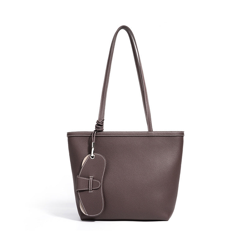 Niche Designer Large Capacity Tote Bag with Zipper, Top Layer Cowhide Shoulder Handbag, Perfect for School and Daily Commute for Women