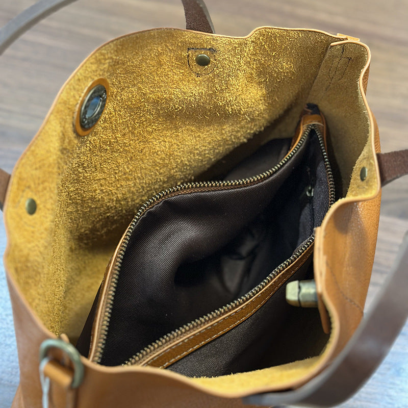 Genuine Vegetable-Tanned Cowhide Bag for Women, New Spring Summer Top Handle Shoulder Crossbody Purse, Vintage Lock Buckle Handbag for Ladies