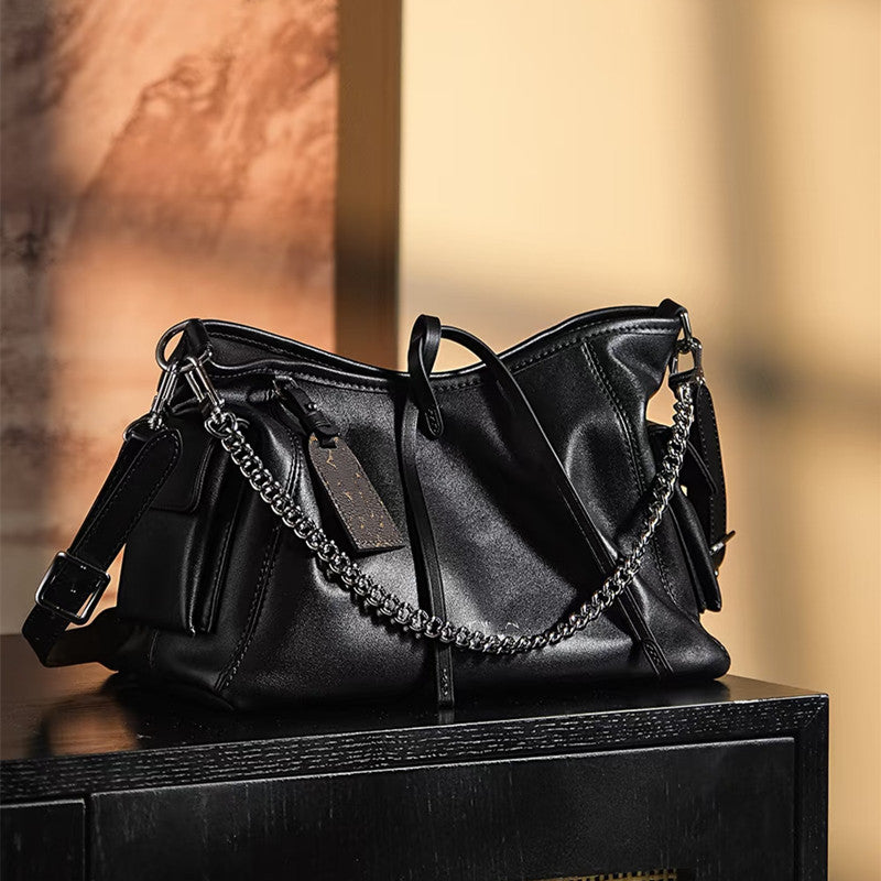 Genuine Sheepskin Leather Tote Bag for Women Large Capacity Black Shoulder Handbag with Chain Strap, Trendy Crossbody Purse with Premium Texture