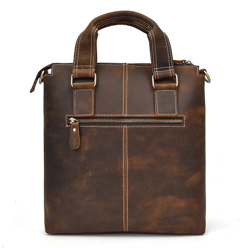 Vertical Crazy Horse Leather A4 Briefcase, Casual Business Crossbody Shoulder Bag, Premium Top Handle Work Bag 9435 for Men