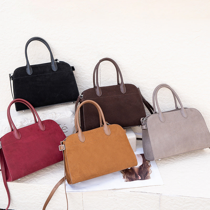 Genuine Leather Suede Tote Bag for Women Vintage Large Capacity Commuter Shoulder Handbag, Elegant Purse with Soft Velvety Texture