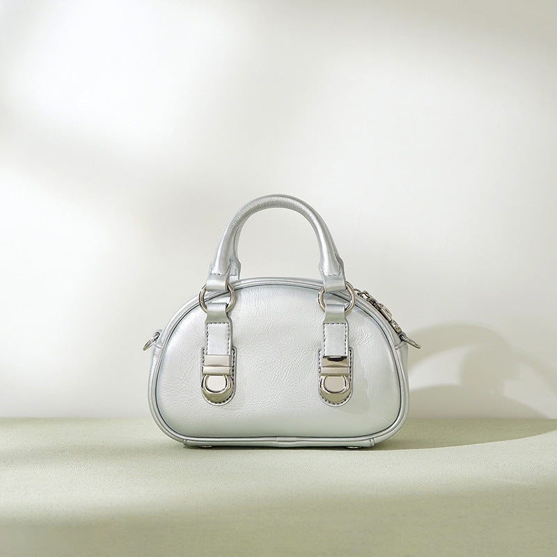 Vintage Bowling Bag in Top Layer Cowhide, Mini Shoulder Crossbody Top Handle Purse, Premium Genuine Leather Handbag for Women