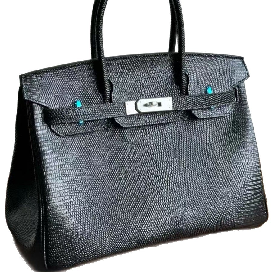 Genuine Top Layer Cowhide Lizard-Embossed Birkin 30cm Bag for Women, Hermès-Style Lock Clasp Top Handle Purse, Premium Leather Handbag for Ladies