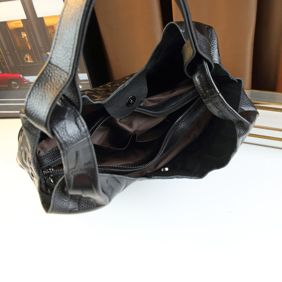 Genuine Leather Letter Tote Bag for Women Large Capacity Shoulder Handbag, Trendy Commuter Purse with Versatile Everyday Style