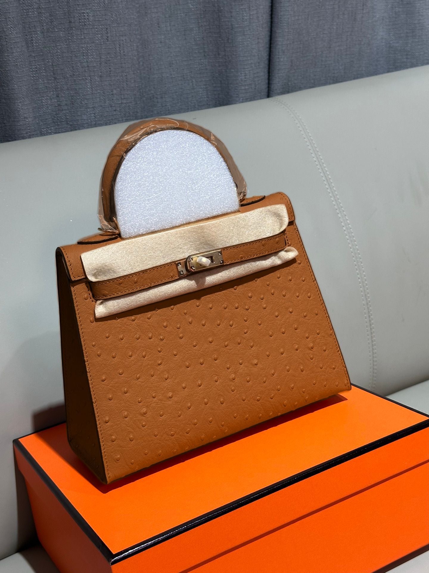 Genuine Top Layer Cowhide Ostrich-Embossed Kelly-Style 25 Bag for Women, Small Square Crossbody Top Handle Purse, Large Capacity Handbag for Ladies