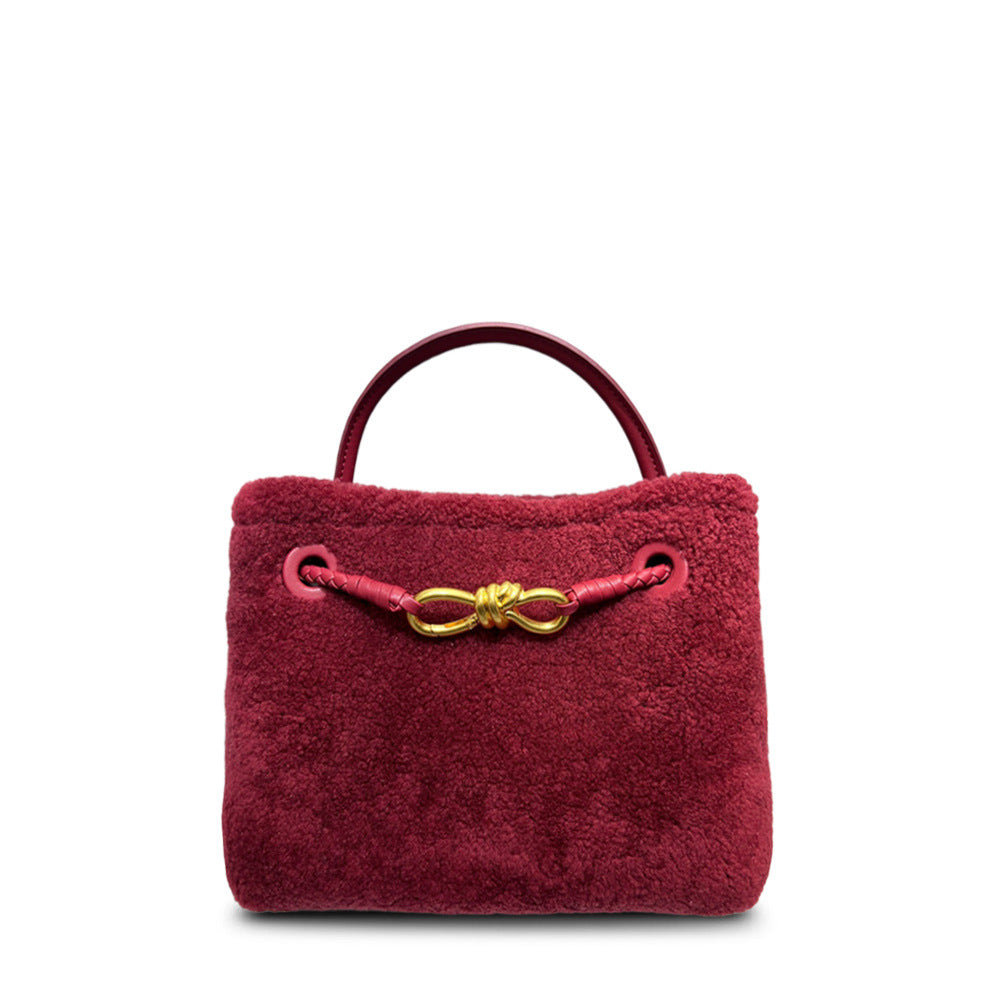 New Fall/Winter Lamb Wool Woven Tote with Metal Buckle, Vintage Large Commuter Shoulder & Crossbody Bag for Women
