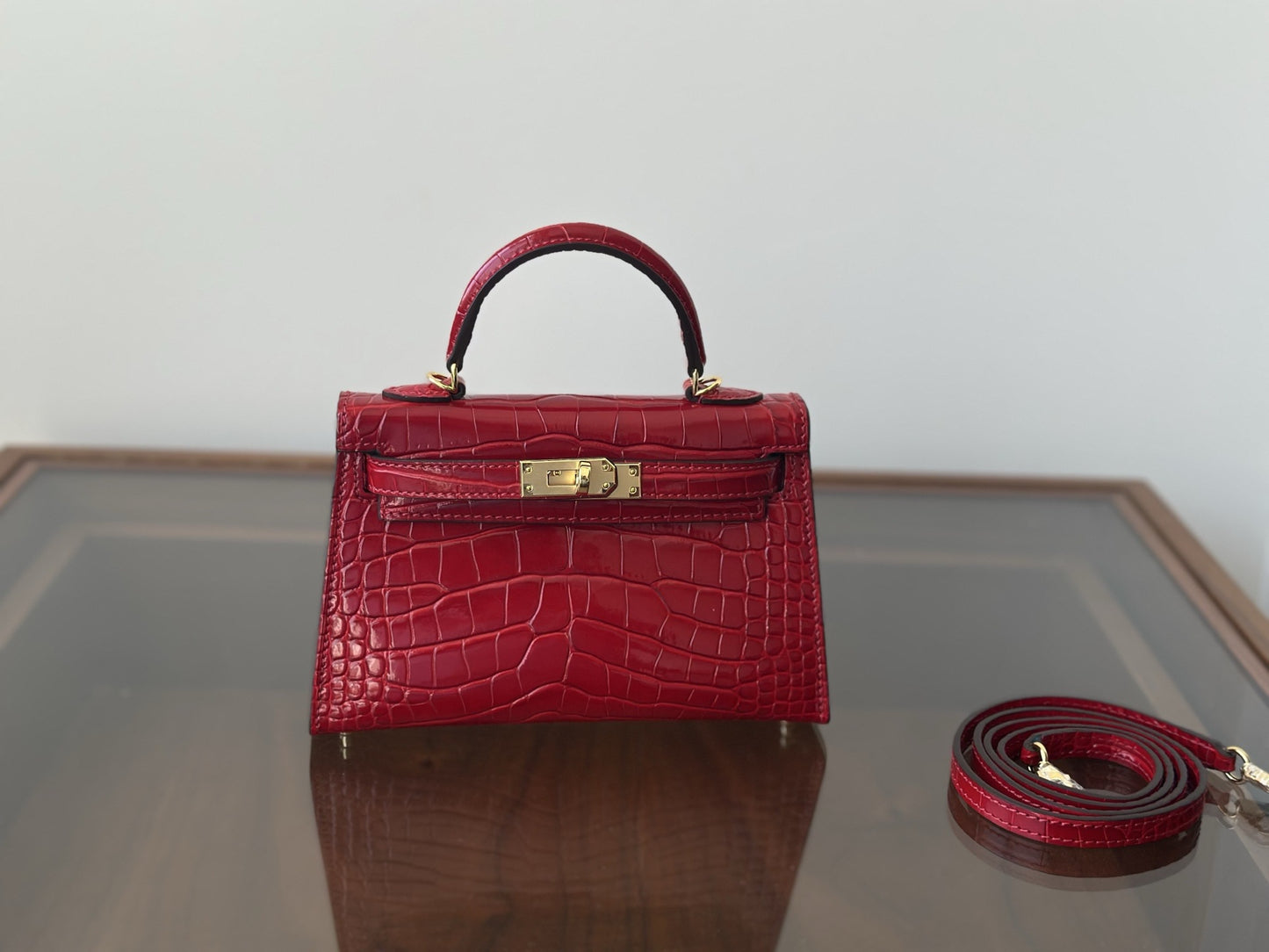 Genuine Leather High-Gloss Crocodile-Embossed Kelly-Style Bag for Women, New 2nd Gen Mini Top Handle Shoulder Purse, Premium Handbag for Ladies