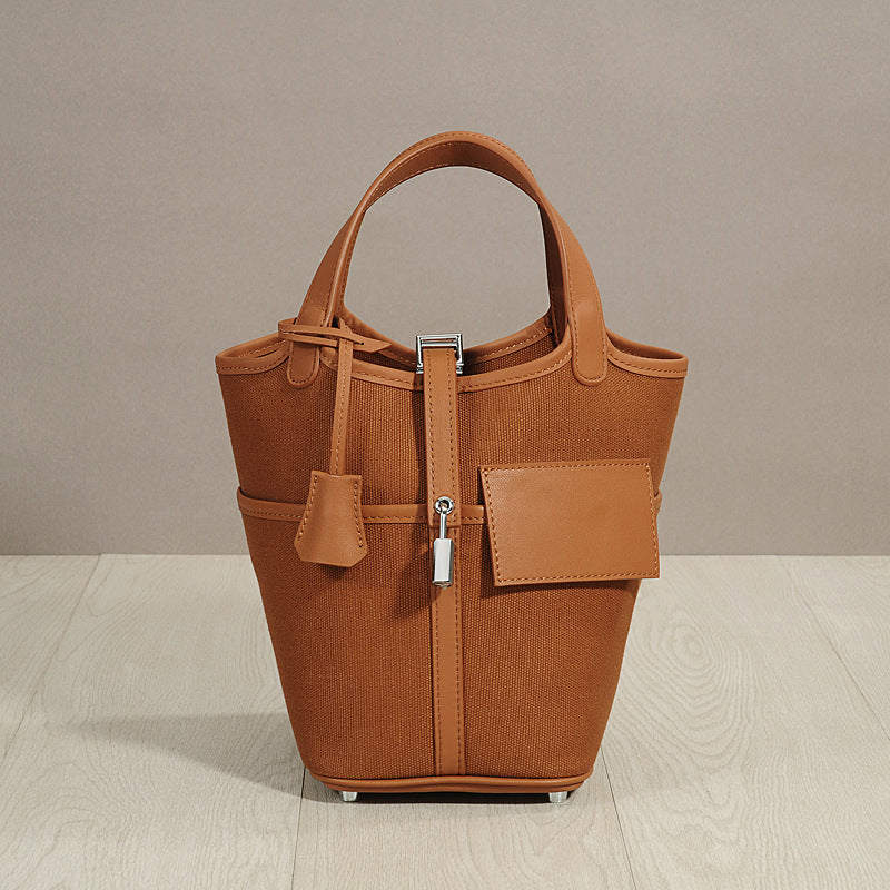Genuine Smooth Cowhide Canvas Patchwork Bucket Bag for Women, Waxed Thread Stitched Top Handle Crossbody Basket Purse, Casual Tote Handbag with Pocket Detail for Ladies
