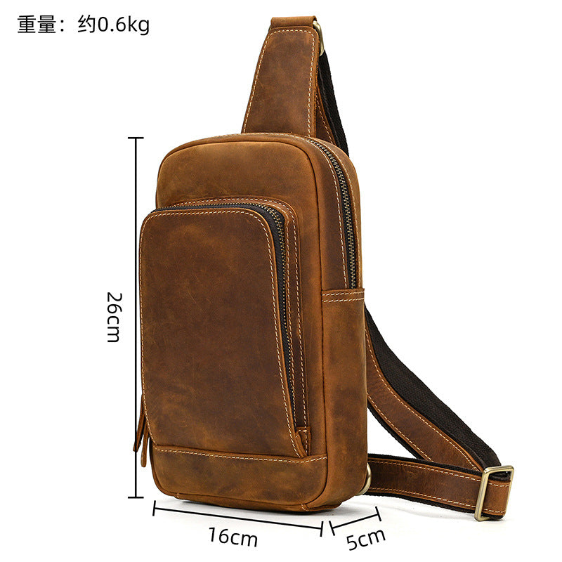 Crazy Horse Leather Chest Crossbody Bag, Casual Shoulder Pouch, Commute Outdoor Travel Pack for Men