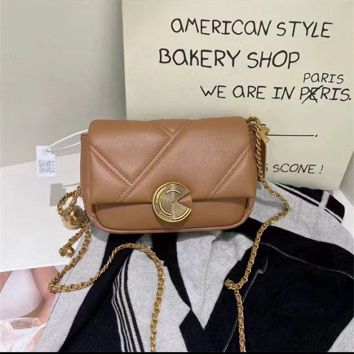Genuine Cowhide Quilted Gold Ball Chain Small Square Bag for Women, New Light Luxury Vintage Office Shoulder Crossbody Purse, Trendy Handbag for Ladies