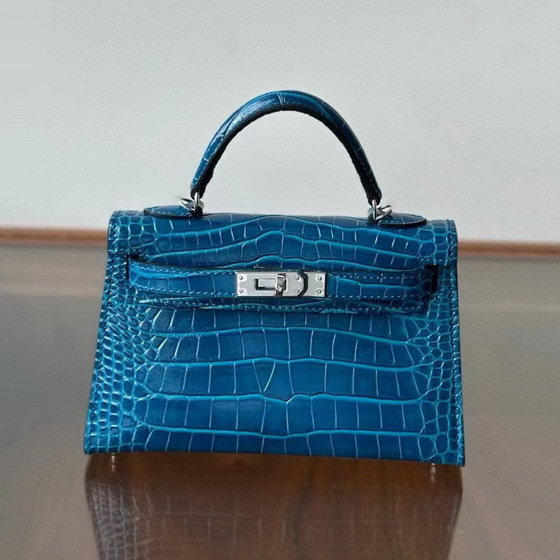 Genuine Leather High-Gloss Crocodile-Embossed Kelly-Style Bag for Women, New 2nd Gen Mini Top Handle Shoulder Purse, Premium Handbag for Ladies