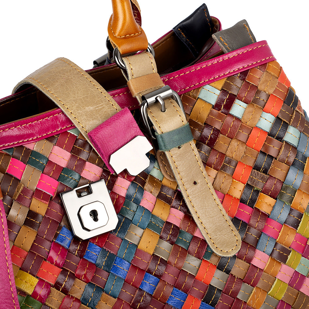 Genuine Cowhide Woven Multicolor Vintage Handbag for Women, Casual Lock Buckle Top Handle Crossbody Purse, Multi-Compartment Designer Bag for Ladies