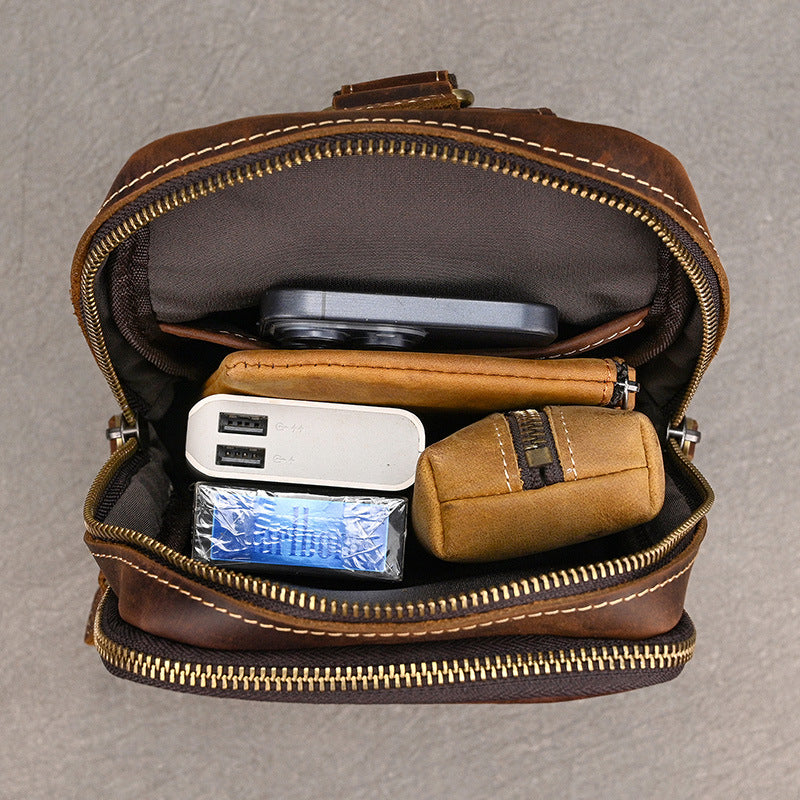 Lightweight Crazy Horse Leather Chest Bag, Casual Crossbody Shoulder Pouch, Cowhide Bag Fits iPad for Men