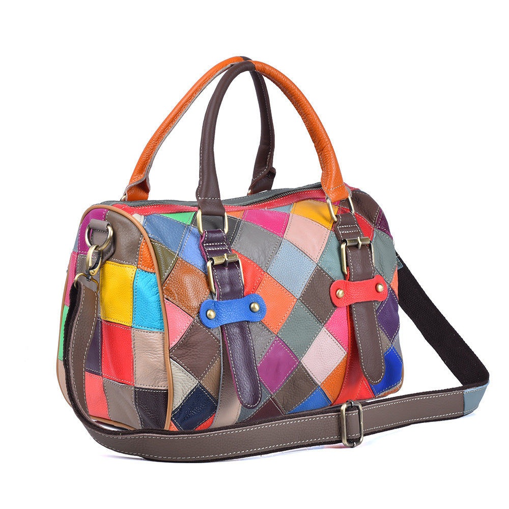 Colorful Plaid Patchwork Genuine Cowhide Bag, Trendy Versatile Top Handle Crossbody Shoulder Purse, Stylish Handbag for Women