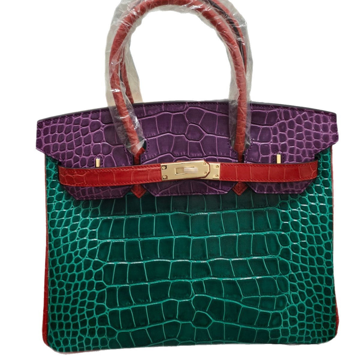 Genuine Leather High-Gloss Crocodile-Embossed Birkin-Style Bag for Women, Large Capacity Three-Color Patchwork Top Handle Purse, Premium Handbag for Ladies