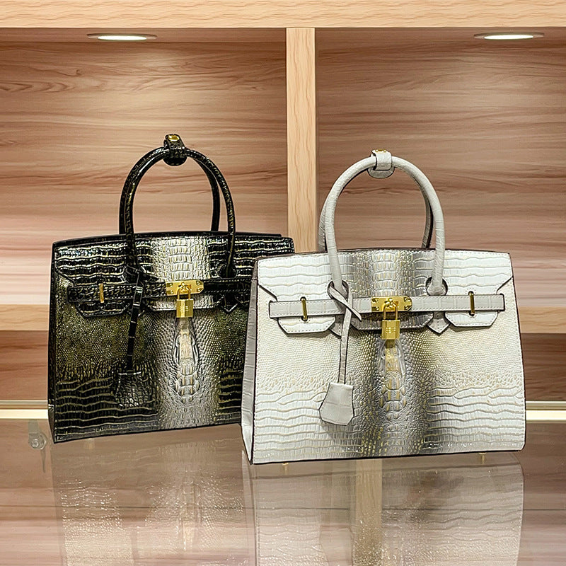 Genuine Leather Crocodile-Embossed Birkin-Style Handbag for Women, Fashionable Top Handle Shoulder Crossbody Purse, Trendy Bag for Ladies