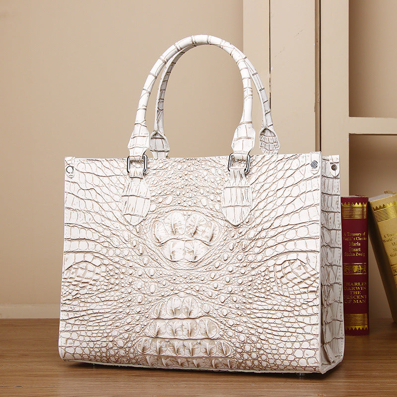 New Arrival Croc-Effect Genuine Leather Tote Bag in Himalayan White, A Large Capacity Mommy Bag with Distressed Finish, Perfect Everyday Tote for Women