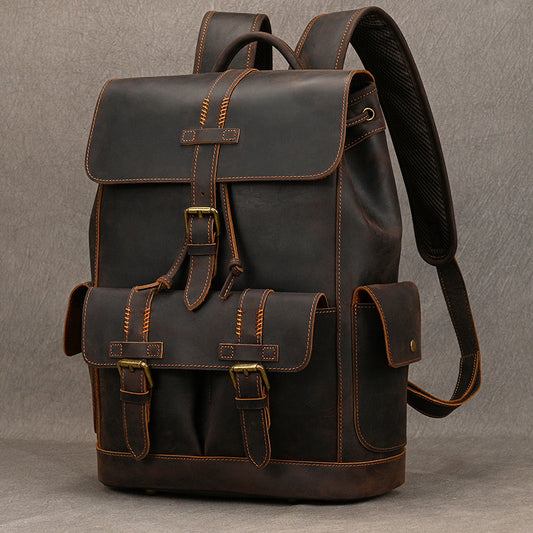 New Vintage Handmade Crazy Horse Leather Backpack, Large Capacity School Travel Daypack, Biker Style Rucksack for Men