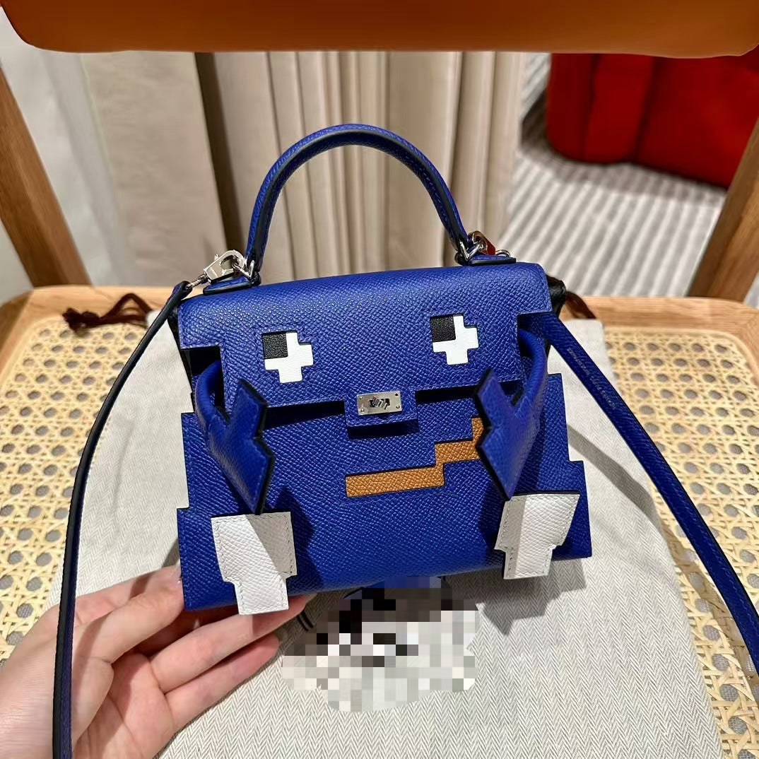 Mini Robot Doll Cross-Body Bag for Women, Hermès-Inspired Mosaic Pattern Bag with Vintage Lock, Epsom Leather Kelly-Style Shoulder Purse, Cute Novelty Handbag for Daily Wear