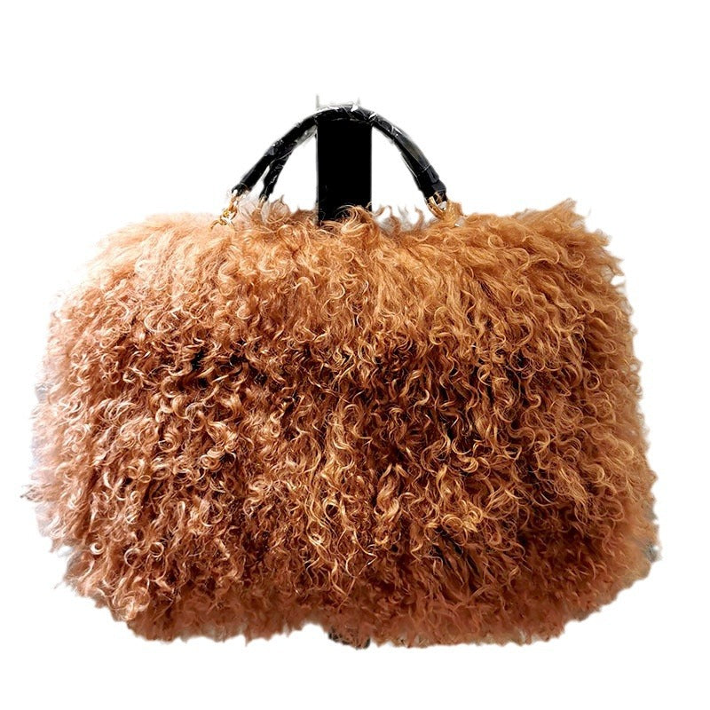 New Tansheep Fur Shoulder Bag for Women, Genuine Sheepskin Leather Crossbody Handbag with Tassel, Street Style Top-Handle Purse with Fluffy Texture