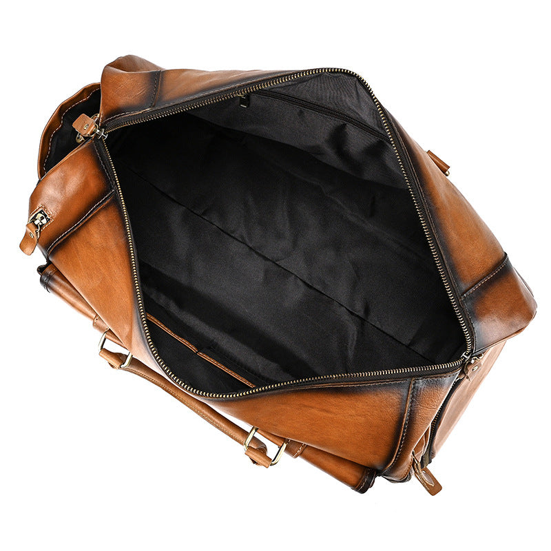 Vintage Burnished Leather Travel Duffle with Shoe Compartment, Large Capacity Gym Weekender, Fashionable Cowhide Luggage Bag for Men