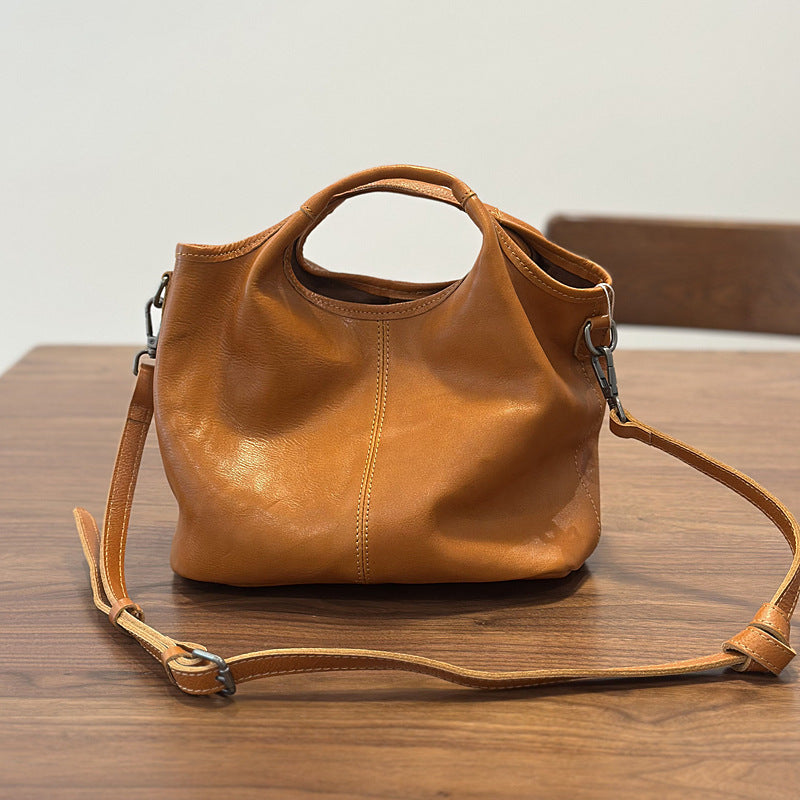Genuine Vegetable-Tanned Cowhide Handbag for Women, New Fall Light Vintage Shoulder Crossbody Top Handle Purse, Minimalist Versatile Everyday Bag for Ladies