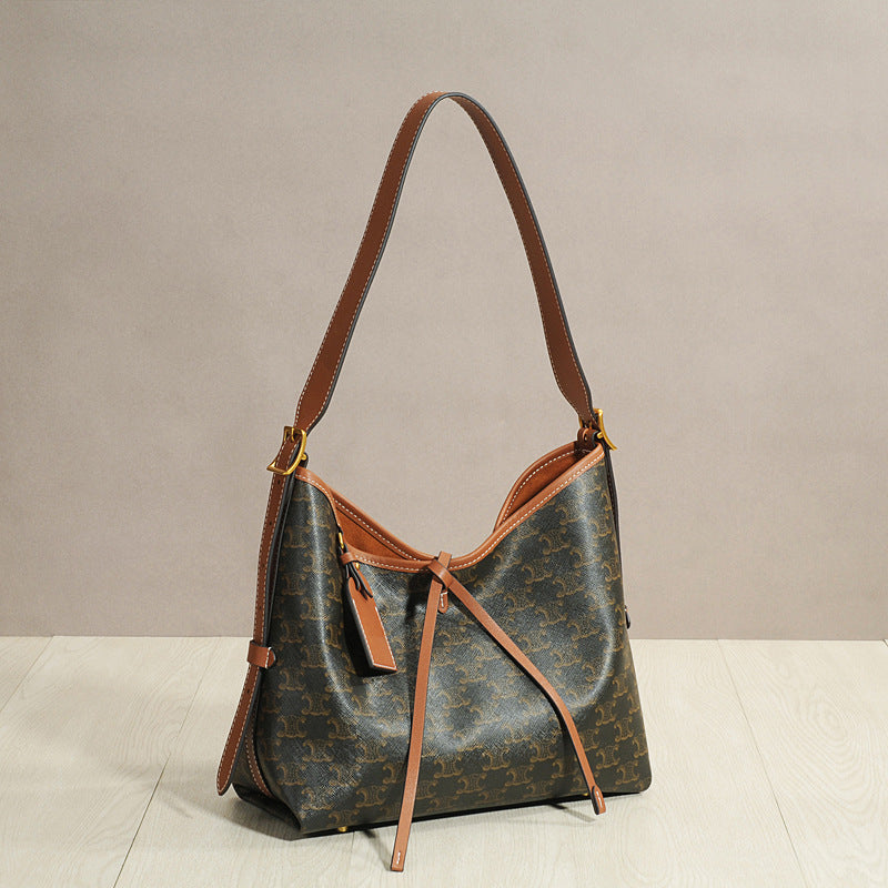 Genuine Leather Vintage Monogram Print Arch Style Tote Bag for Women Large Capacity Shoulder Underarm Shopper Work Commuter