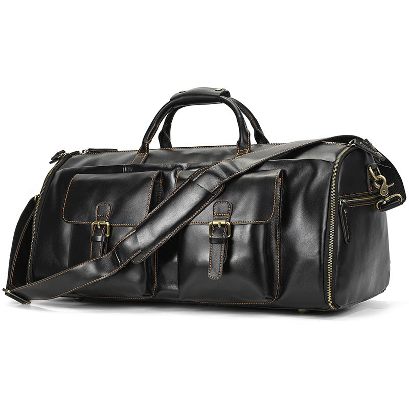 Multifunctional Crazy Horse Leather Travel Duffle, Foldable Suit Garment Bag with Wet-Dry Separation, Premium Gym Weekender for Men