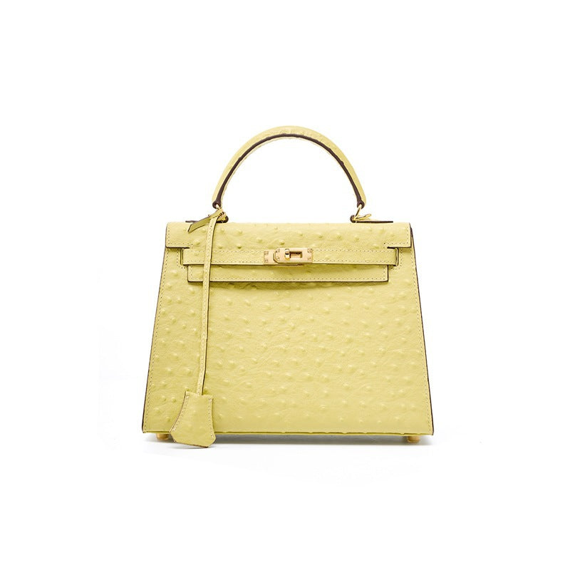 Women's Genuine Leather Handbag Shoulder Bag Top Layer Cowhide Kelly Style Crossbody Purse with Ostrich Embossed Texture