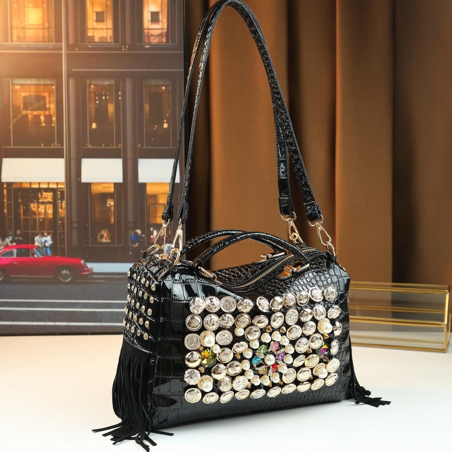Pearl Stud Button Pillow Bag for Women Shoulder Crossbody Handbag, Trendy Embellished Purse with Elegant Hardware Details