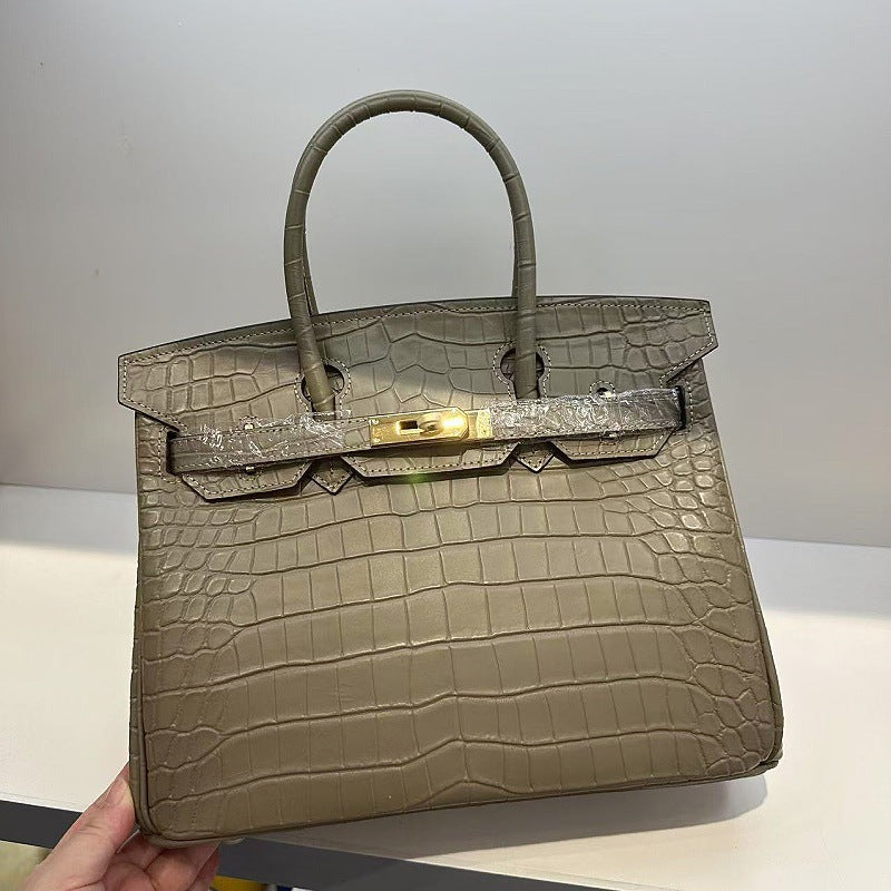 Genuine Top Layer Cowhide Matte Crocodile-Embossed Birkin-Style Bag for Women, Premium Top Handle Shoulder Crossbody Purse, Luxury Handbag for Ladies