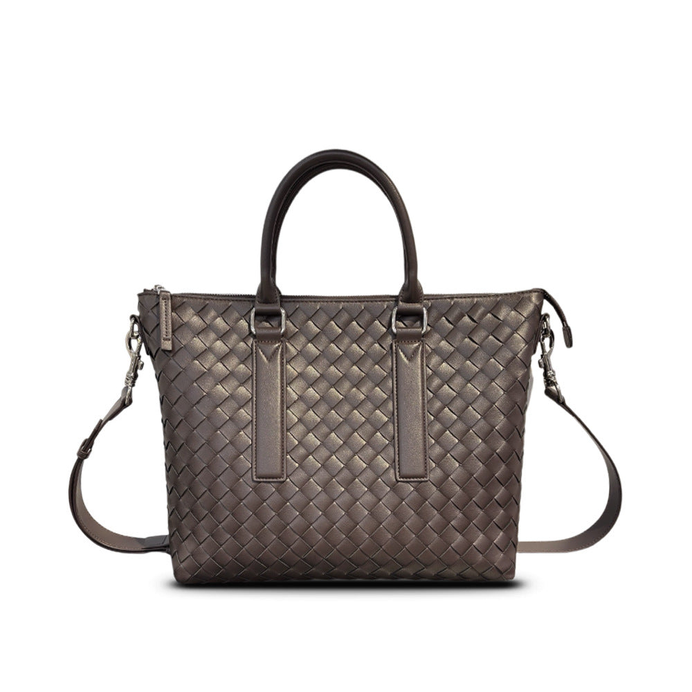 Genuine Leather Woven Large Tote Briefcase, Business Commuter Handbag, Unisex Shoulder & Crossbody Bag