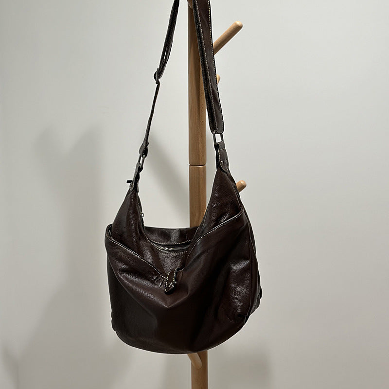 Genuine Top Layer Cowhide Large Tote Bag for Women, Korean Style Versatile Shoulder Crossbody Purse, Hong Kong Casual Handbag for Ladies
