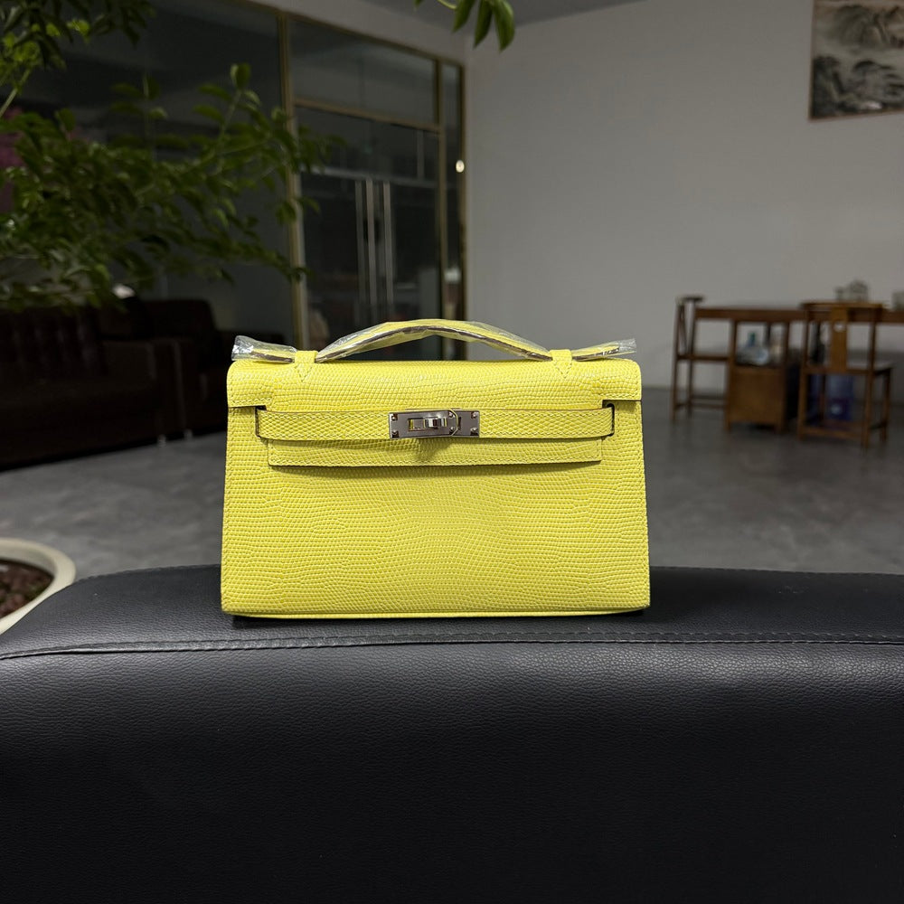 Genuine Top Layer Cowhide Lizard-Embossed Kelly-Style 22H Bag for Women, Hand-Stitched Waxed Thread with Lambskin Lining, Full Steel Hardware Square Purse for Ladies
