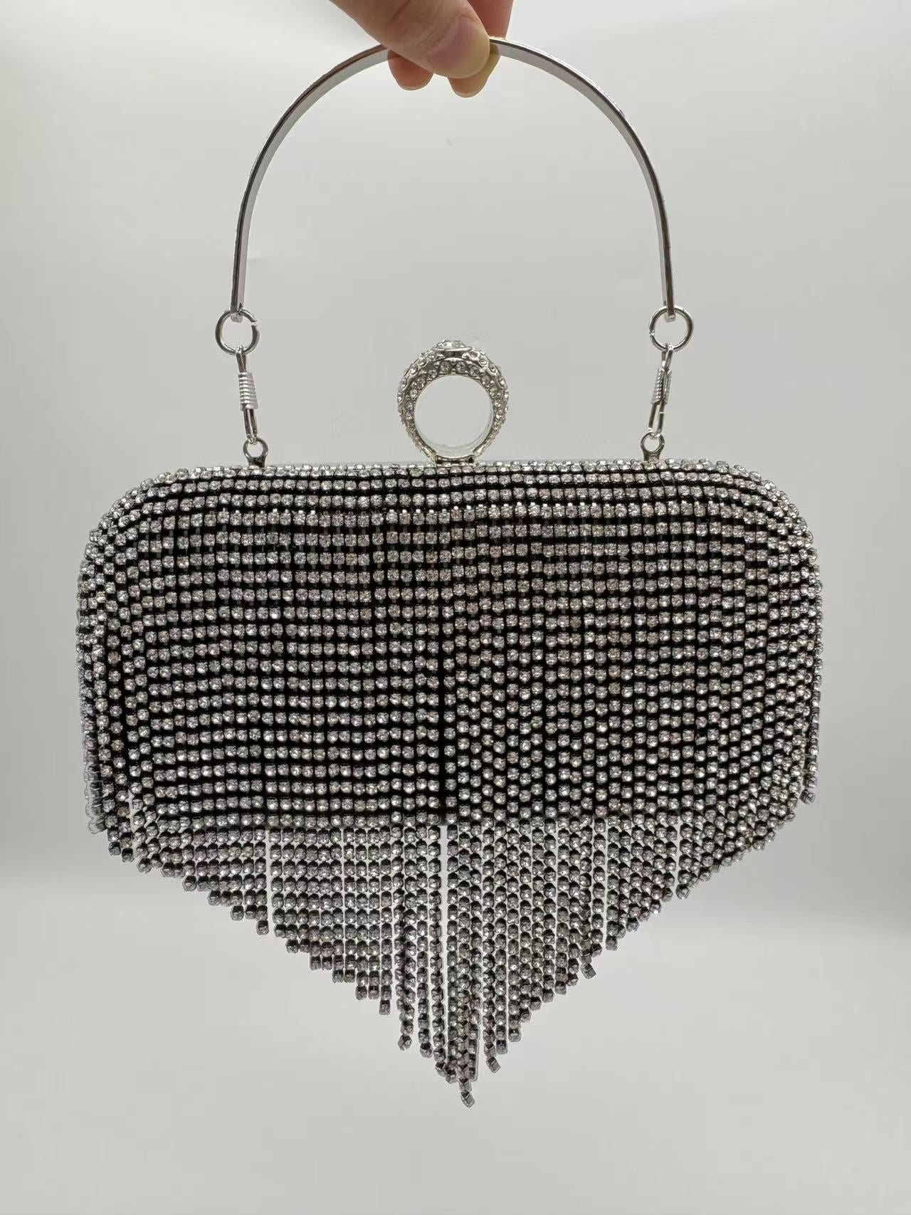 Handmade Tassel Rhinestone Evening Clutch Bag for Women, Small Square Top Handle Purse, Bridal Wedding Party Handbag for Ladies
