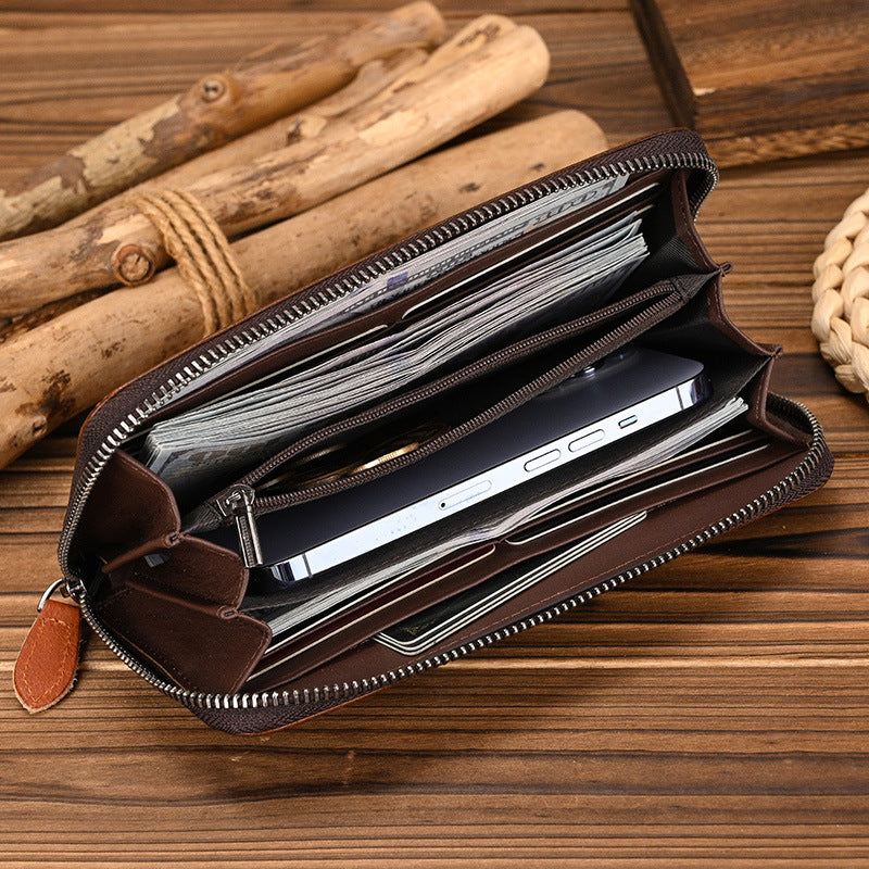 Vintage Vegetable-Tanned Leather Long Wallet, Hand-Burnished Multi-Card Clutch, Casual Phone Money Holder for Men