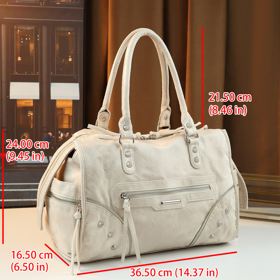 Vintage Studded Biker Tote Bag for Women Large Capacity Distressed Shoulder Crossbody Handbag, Versatile Travel Purse with Edgy Hardware Accents