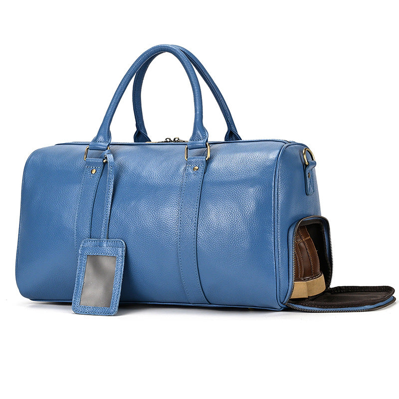 Blue Purple Vintage Pebbled Leather Travel Duffle, Large Gym Bag with Shoe Compartment, Fashionable Top Handle Weekender for Men