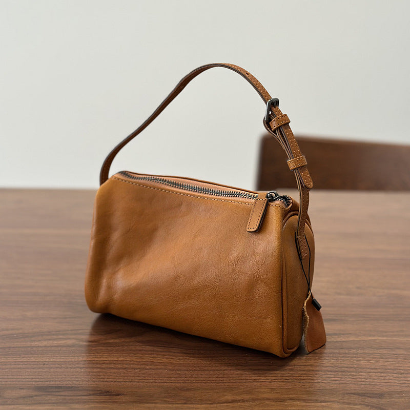 Genuine Vegetable-Tanned Top Layer Cowhide Mini Square Bag for Women, New Spring Crossbody Top Handle Purse, Pencil Case Style Small Handbag for Ladies