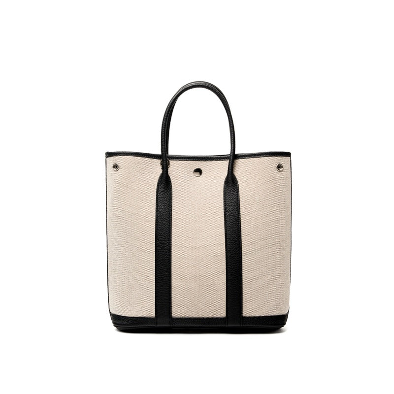 Canvas & Leather Garden Bag in Top Layer Cowhide, Premium Large Capacity Top Handle Purse, Perfect Notebook Handbag for Women