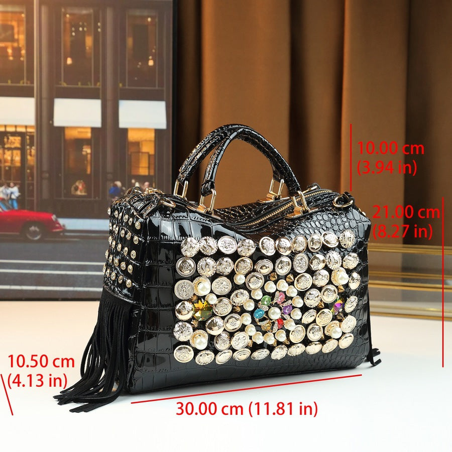 Pearl Stud Button Pillow Bag for Women Shoulder Crossbody Handbag, Trendy Embellished Purse with Elegant Hardware Details