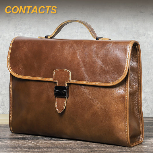 Genuine Full-Grain Leather Briefcase for Men, Black Angel Business Bag Fits 14.2-Inch Laptop, Large Capacity Computer Shoulder Bag for Work